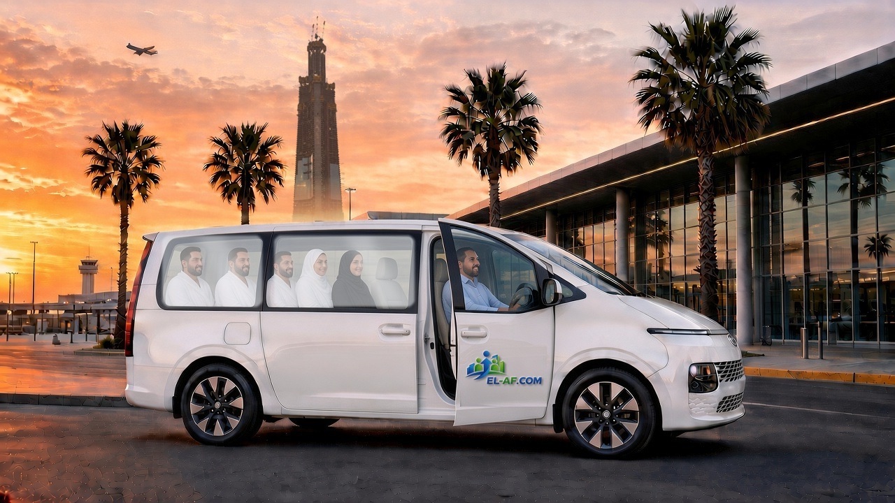 Hyundai Staria 2026 with the Afdal Elaf logo for Umrah transfers in Jeddah