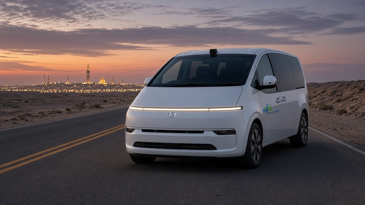 Afdal Elaf Hyundai Staria 2026 private transport at sunset